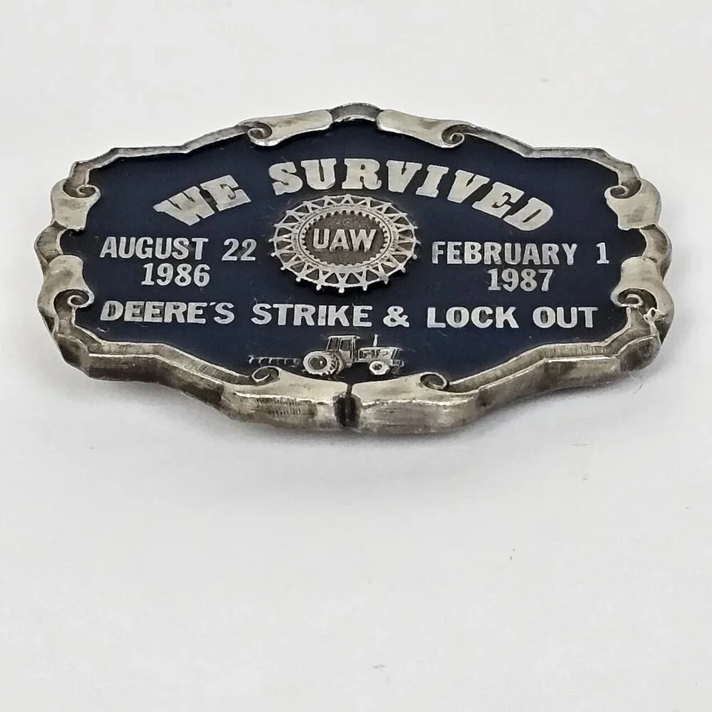 1986 1987 John Deere UAW United Auto Workers Strike Lock Out Belt‎ Buckle Pewter